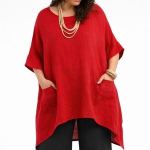 YOLLY Italy Made 100% Linen Red Oversized Tunic Art Wear Lagenlook Boho Sz OSFM